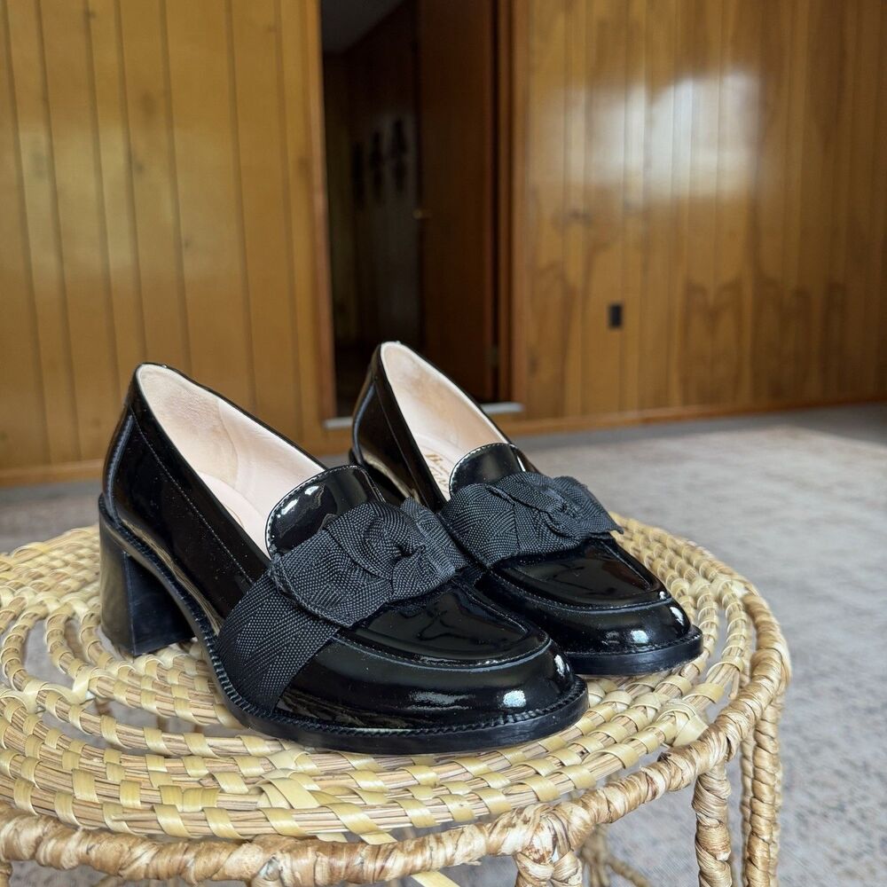 Browns Couture Chunky Block Heeled Bow Loafers 38.5 Made In Italy 8.5 Black
